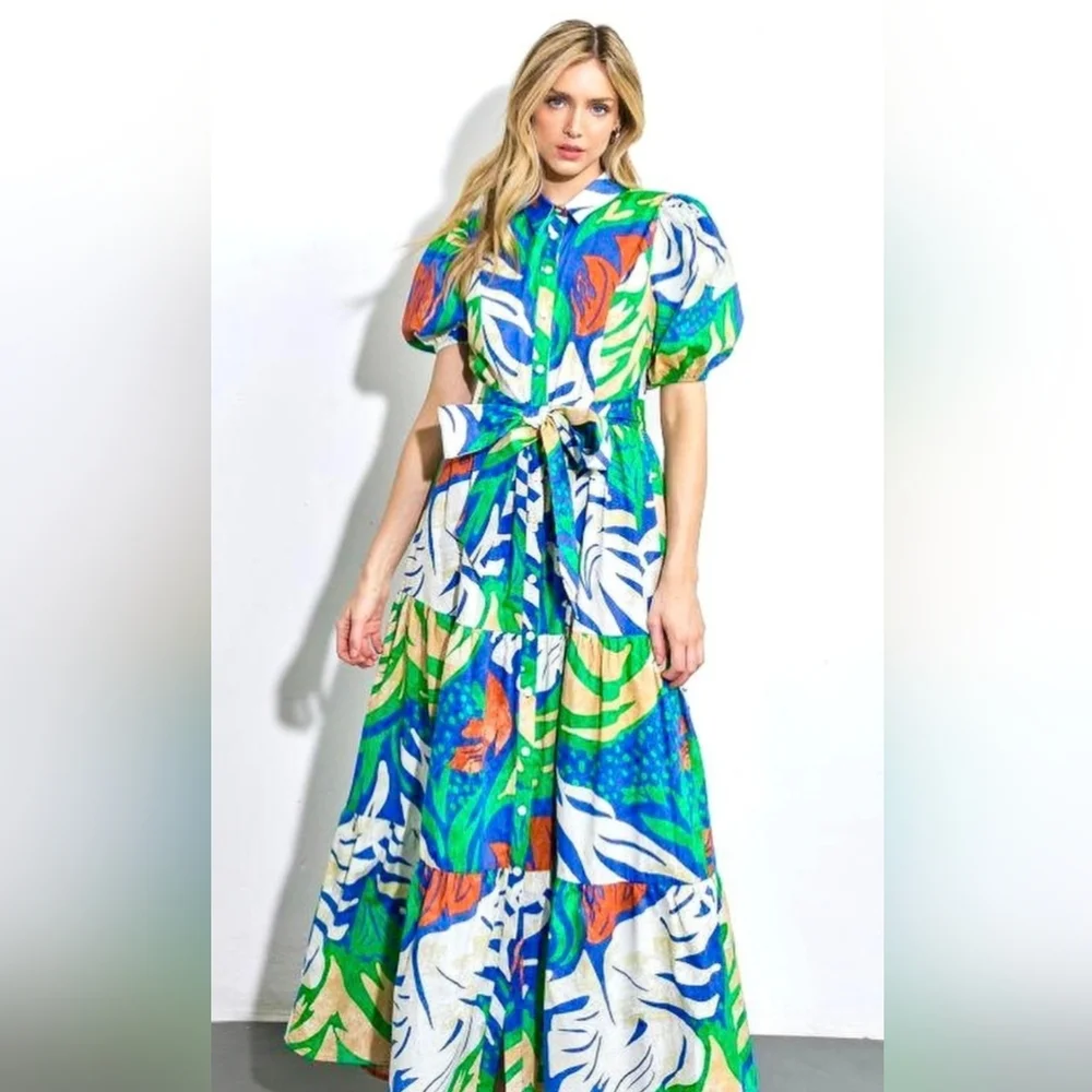 Flying Tomato Vibrant Leaf Print Maxi Dress 100% Cotton Size Large. - Picture 1 of 14